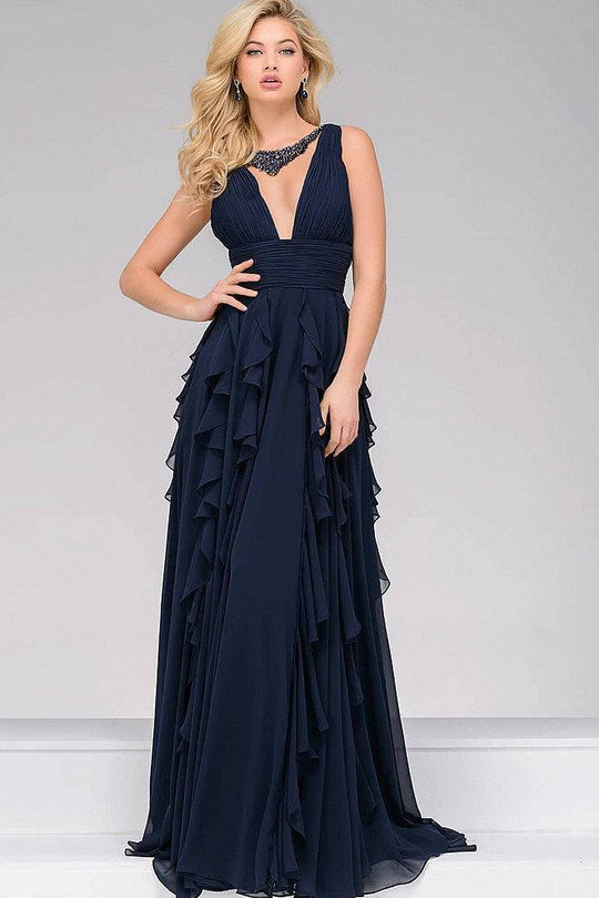 Beaded V-Neck Full Length A-Line Ruffles Dress 47872