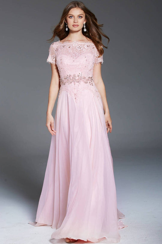 47935 Short Sleeve Bejeweled Illusion Lace A-Line Gown