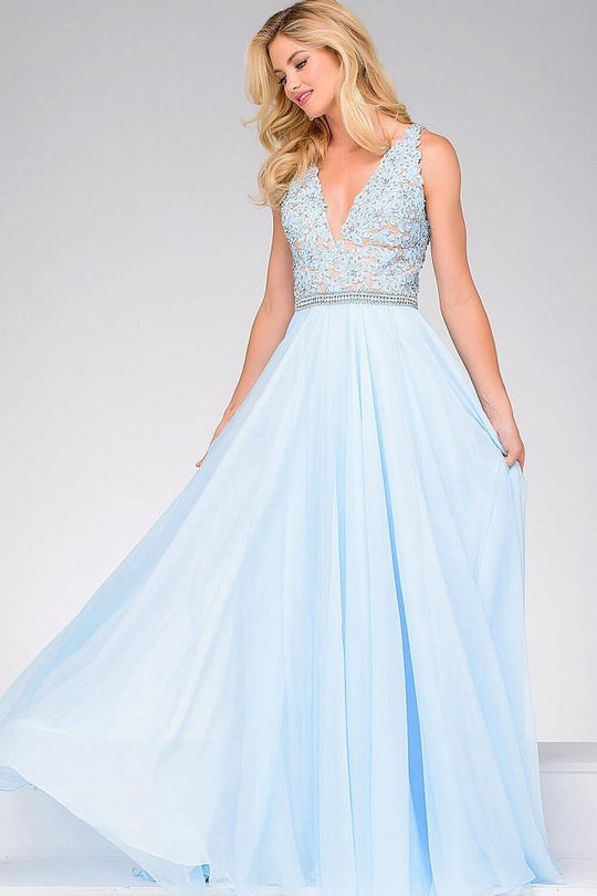 V Neck Lace Bodice Prom Dress 47948