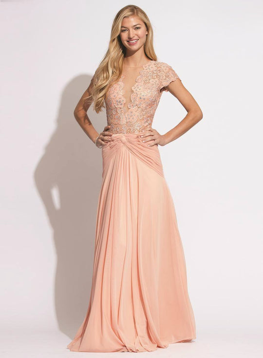 Beaded Lace Ruched Waist Evening Dress 90644