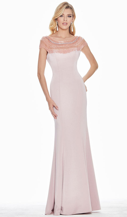 Ashley Lauren - 1517 Cap Sleeve Bead Fringed Crepe Sheath Gown In Pink