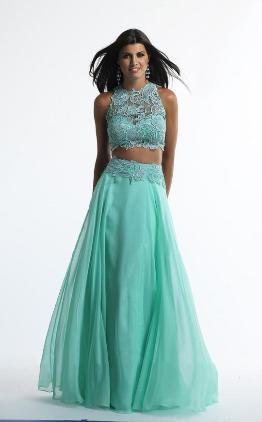 Dave & Johnny - 10001 Two-Piece Scalloped Sheer Lace Dress in Green