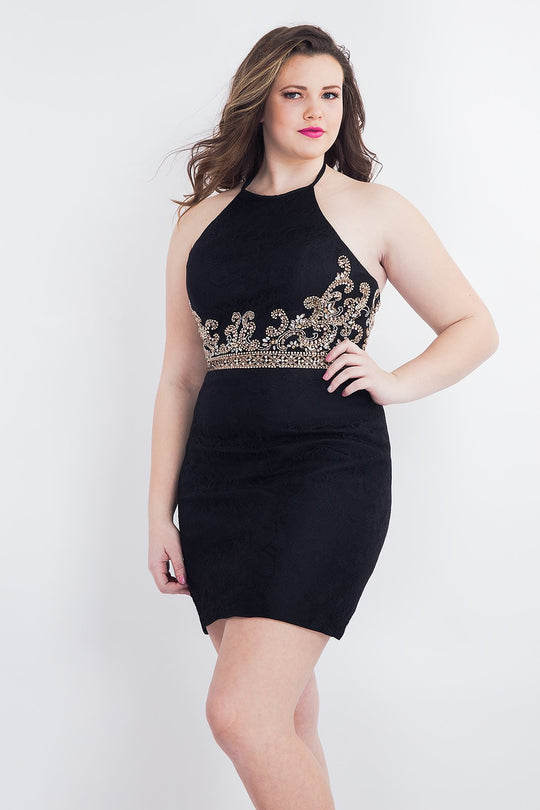 Rachel Allan - 4806 Embellished Lace Halter Sheath Dress In Black