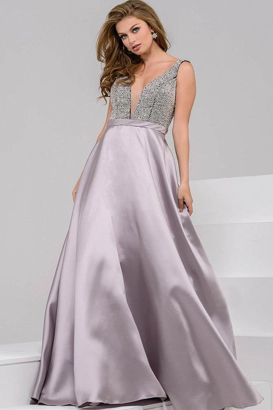 Two Toned Crystal Beaded Bodice V Back Full A Line Gown 48102