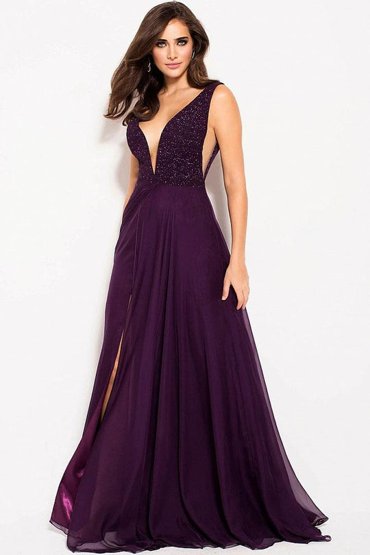 48116 Plunging V-neck Stretch Glitter Jersey Dress