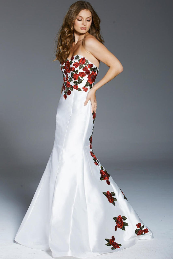 48122 Crimson Floral Embroidered Strapless Mermaid Gown