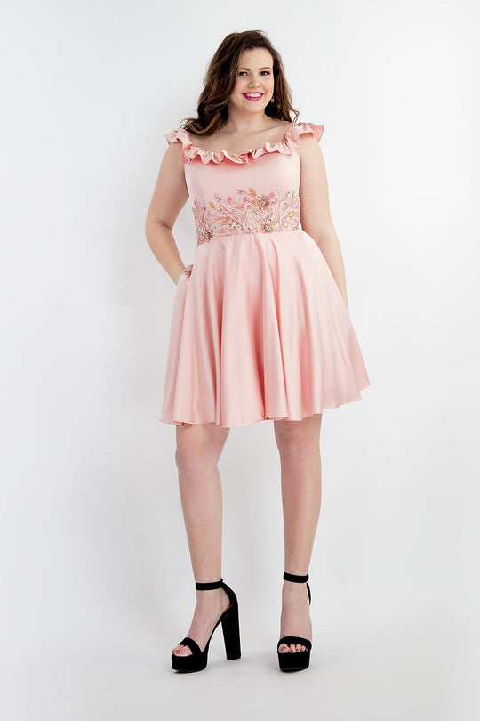 Rachel Allan - 4813 Beaded Ruffled Off-Shoulder A-line Dress In Pink