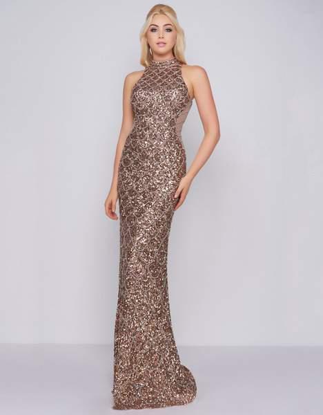 Cassandra Stone - 4818A Fitted Sequin Embellished Evening Gown In Gold and Brown