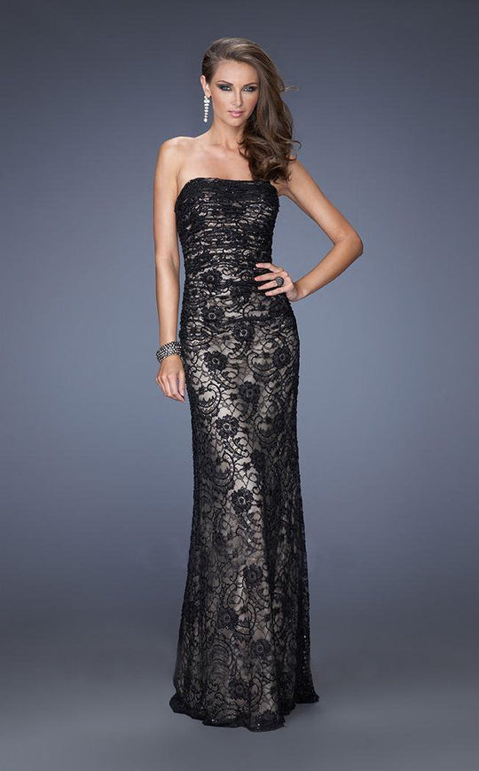 La Femme - 19210 Strapless Ruched Lace Evening Gown In Black