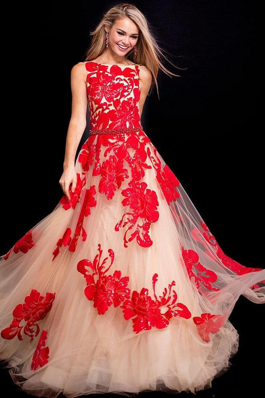 48320 Bateau Floral Beaded Tulle Evening Gown