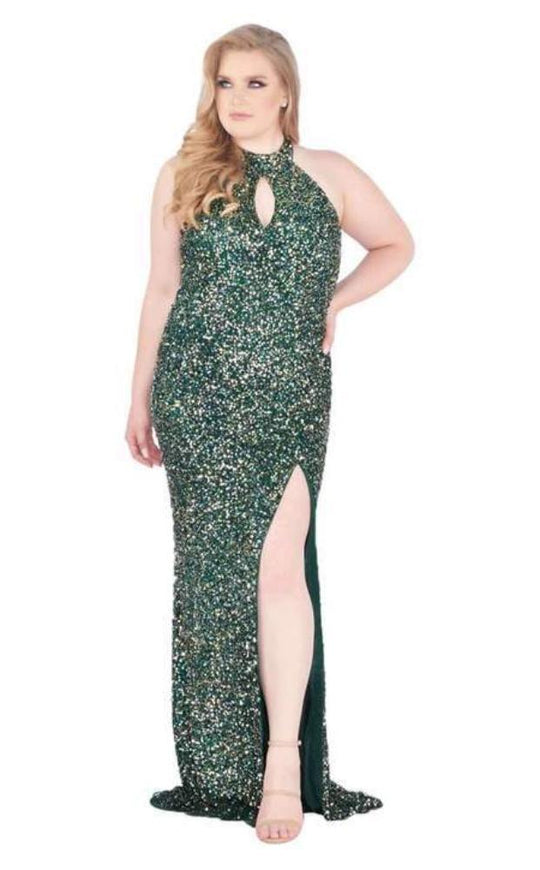 Mac Duggal Fabulouss - 4835F Sequined Halter Sheath Dress With Slit in Green