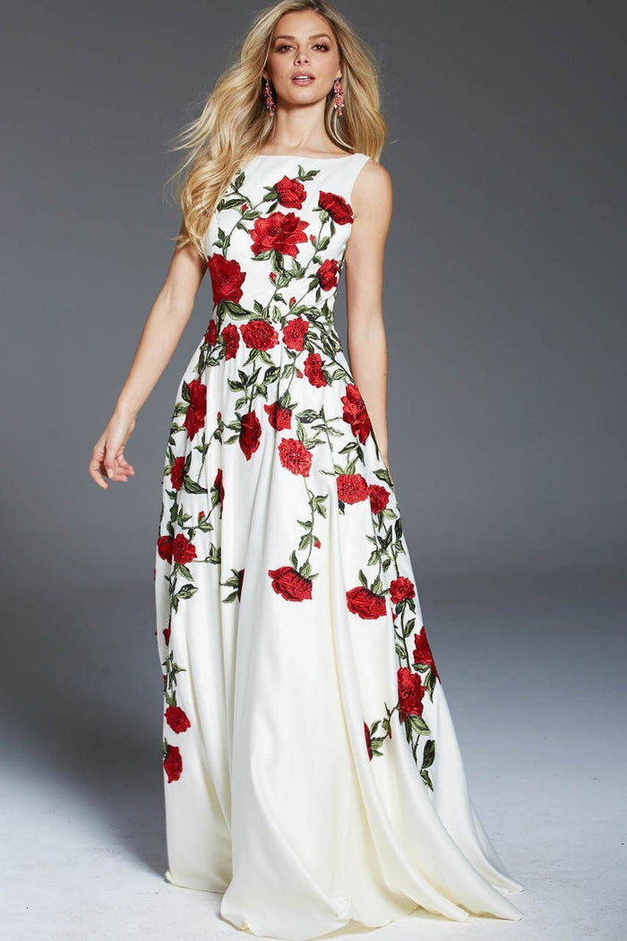 48426 Floral Embroidered Satin A-Line Gown
