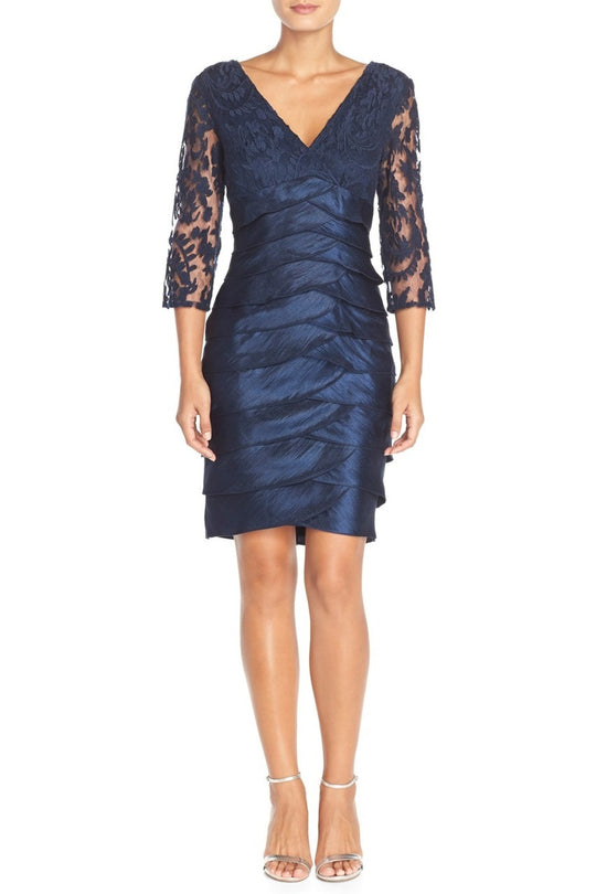 Adrianna Papell 12245620 V-Neck Lace Bodice Tiered Sheath Mini Dress - 1 pc Midnight Blue In Size 6 Available In Blue