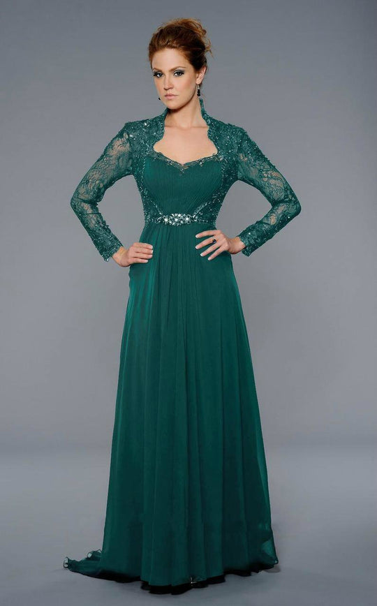Lara Dresses - Long Sleeved Lace Queen Anne A-Line Gown 32251 in Green