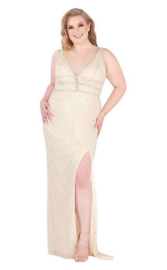 Mac Duggal Fabulouss - 4850F Beaded Plunging V-neck Sheath Dress in Neutral