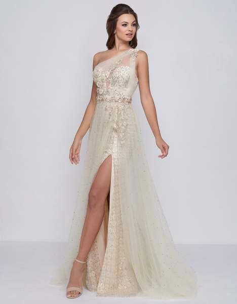 Mac Duggal Couture - 50550D Floral Applique One Shoulder A-line Dress In Neutral