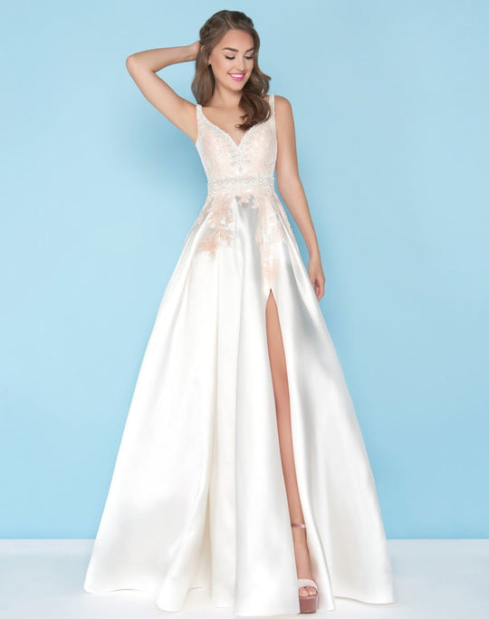 Mac Duggal - 48630H Sleeveless Beaded V-Neck High Slit Ballgown In White