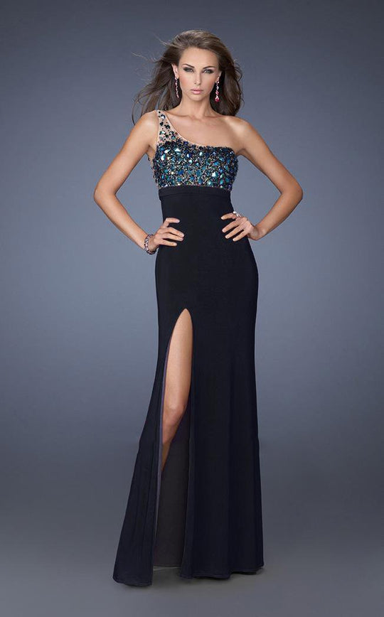 La Femme - Jewel-Crusted Sheer Asymmetrical Sheath Gown with Slit 19808 In Black