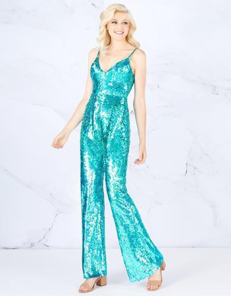 Cassandra Stone - 4864A Allover Sequin V Neckline Jumpsuit In Green