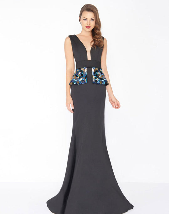 Mac Duggal - 48712R Beaded Peplum Plunging Dress In Black