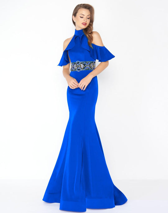 Mac Duggal - 48724R High Neck Ruffle Draped Mermaid Gown  In Blue