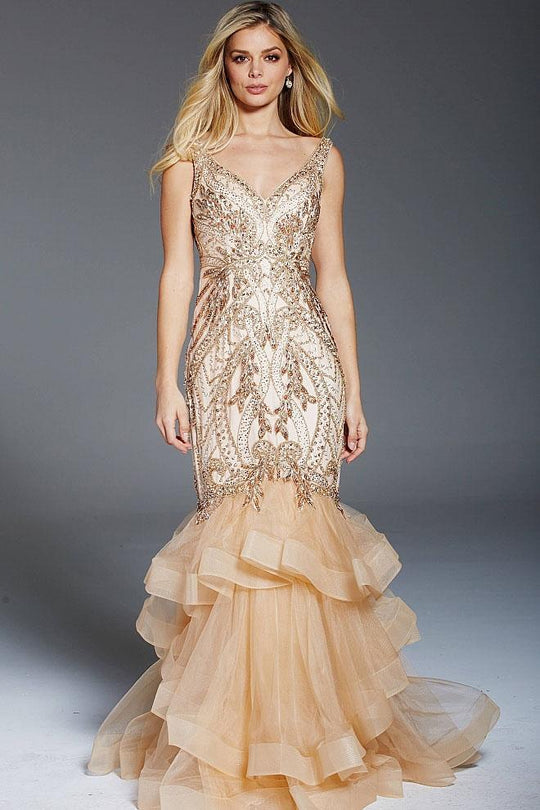 48729 Embellished Fitted Tiered Mermaid Dress