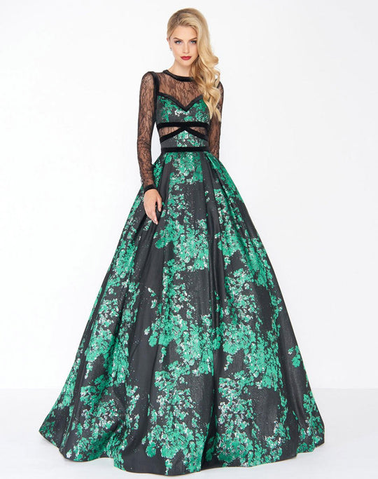 Mac Duggal - 48730R Metallic Lace Long Sleeves Ballgown In Green