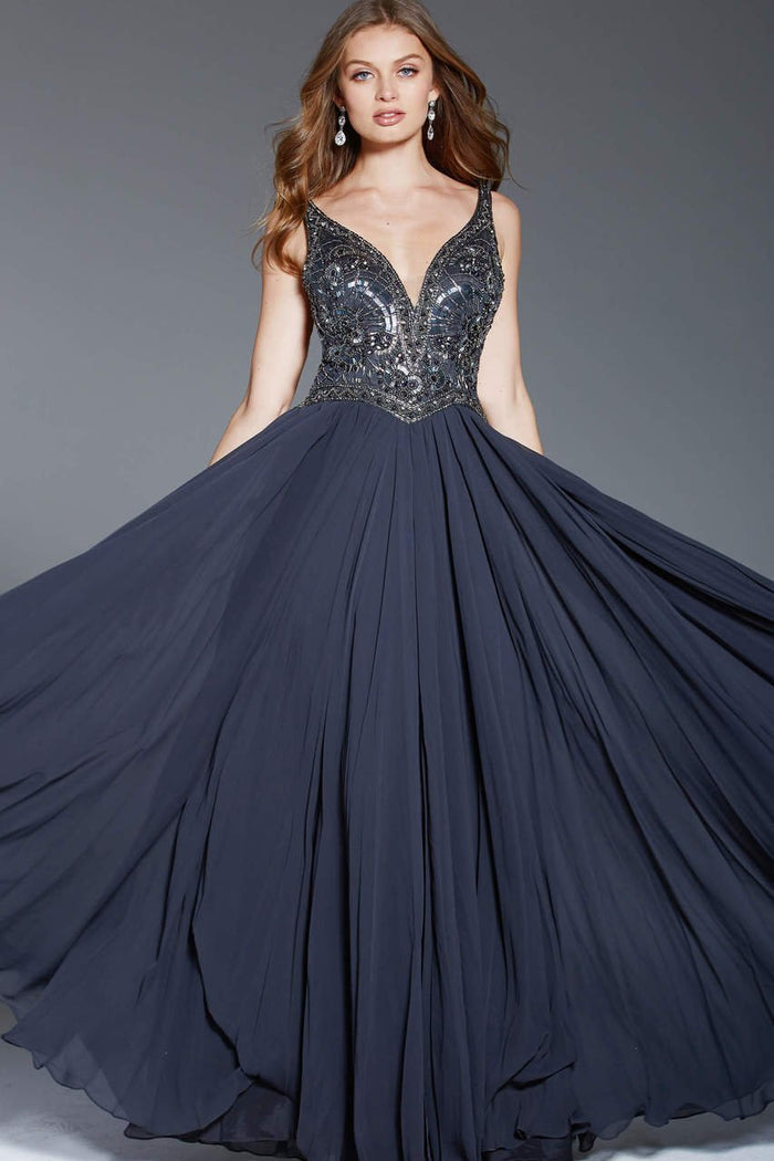 48737 Plunging V-Neck Beaded Chiffon Gown