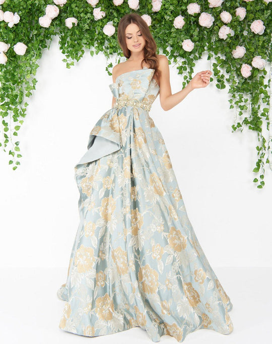 Mac Duggal - 48762D Ruffled Floral Strapless Ballgown In Gold and Blue