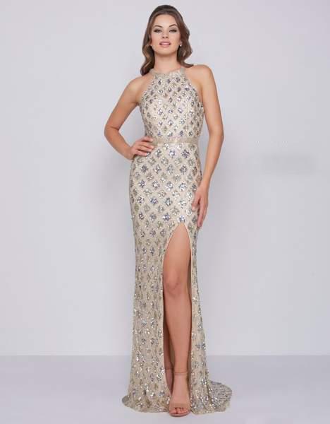 Cassandra Stone - 4876A Stone Embellished Halter Gown with Slit In Silver and Nude