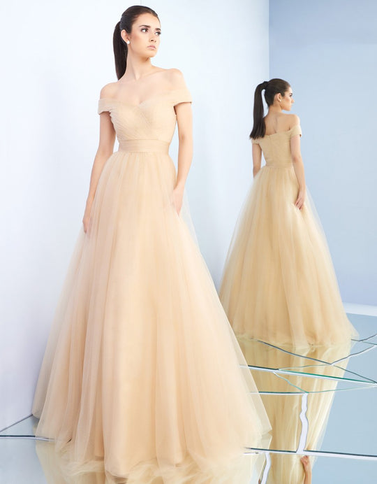 Ieena Duggal - 48778I Tulle Off Shoulder A-Line Evening Gown in Neutral and Yellow