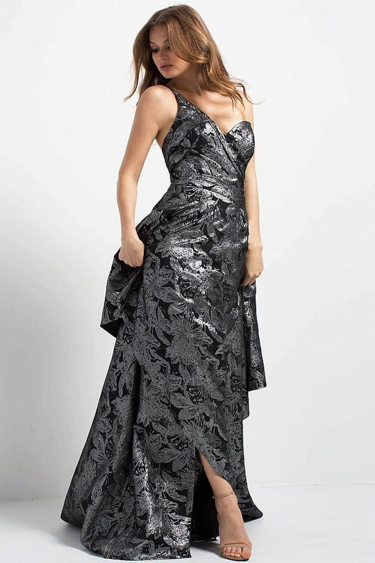 48786 One Shoulder Metallic Evening Gown