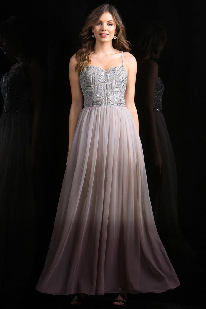 Scala - 48801 Strapless Beaded Bodice Chiffon A-Line Gown In Gray and Silver