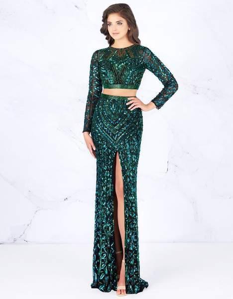 Cassandra Stone - 4925A Two Piece Bedazzled Long Sleeve Fitted Dress In Green