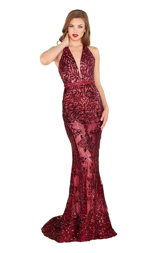 Mac Duggal Black White Red - 48821R Sequined Plunging V-Neck Gown in Red