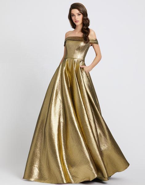 Ieena Duggal - 48825I Long Metallic Off Shoulder Ballgown In Gold