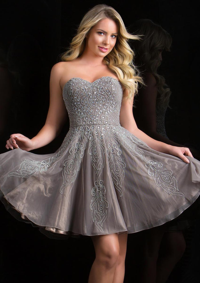 Scala - 48834 Bejeweled Strapless Sweetheart Short Dress in Silver