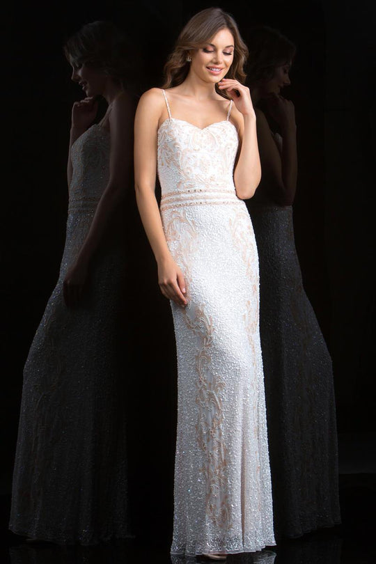 Scala - 48835 Strapless Sweetheart Scroll Ornate Sheath Gown In White and Pink