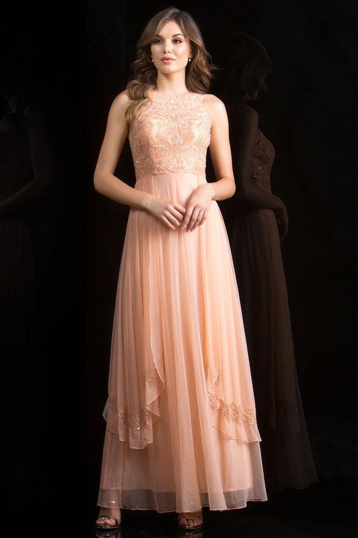 Scala - 48841 Jewel Neck Beaded Chiffon A-line Gown In Orange