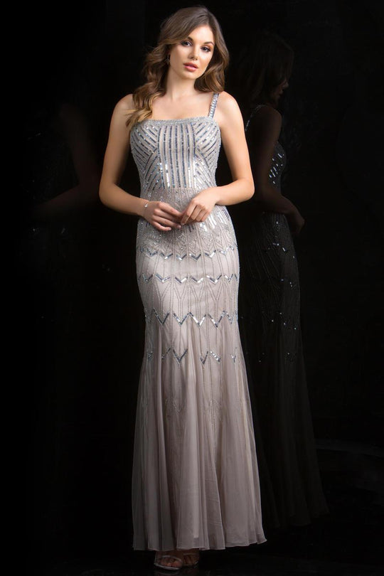 Scala - 48842 Shimmering Sequin-Adorned Sheath Gown In Gray and Silver