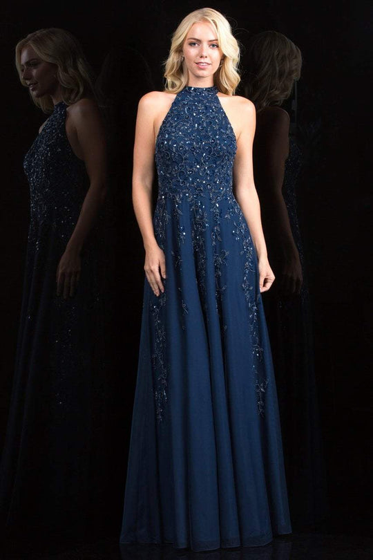 Scala - 48858 Exquisitely Beaded Halter Style A-Line Dress In Blue