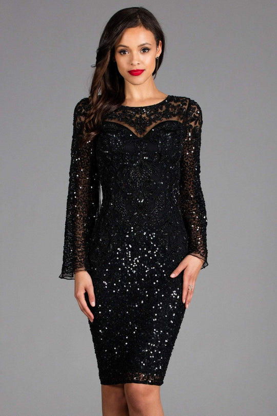 Scala - 48885 Sequined Long Bell Sleeve Fitted Dress In Black