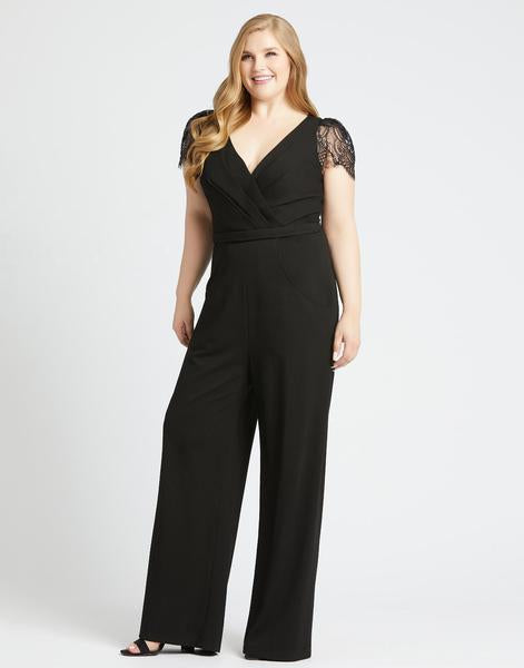 Mac Duggal Fabulouss - 48888F Eyelash Laced Sleeves Long Jumpsuit In Black
