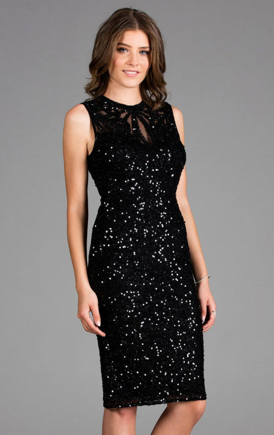 Scala - 48897ML Fully Sequined Jewel Neck Fitted Dress In Black