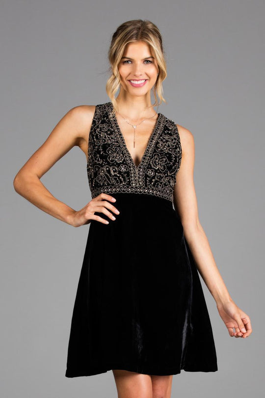 Scala - 48913 Beaded Plunging V-neck Velvet A-line Dress In Black