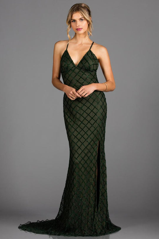 Scala - 48923 Spaghetti Straps V Neck Low Back Sheath Evening Dress In Green