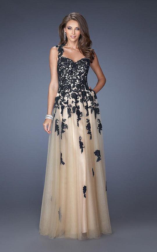 La Femme - 19922 Lace Appliqued Tulle Gown in Black and Neutral