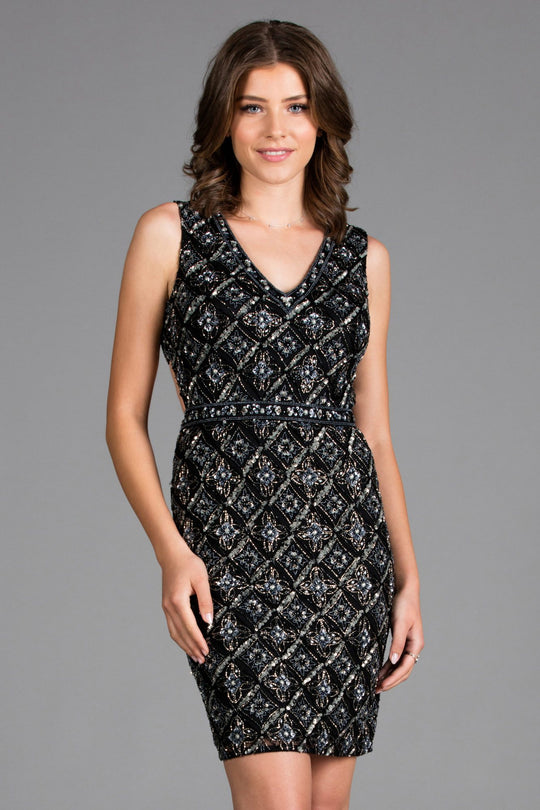 Scala - 48925 Sequined V-neck Short Fitted Dress In Black