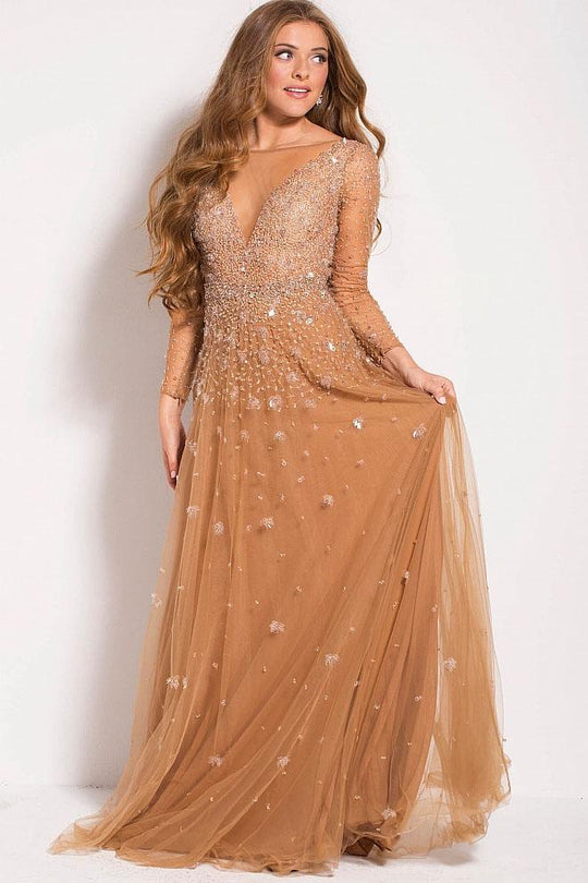 48928 Long Sleeve Embellished Tulle Prom Gown