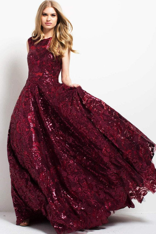 Jovani - Sequined Jewel Ballgown 48976 in Burgundy/Nude